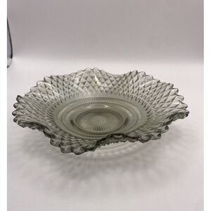 Indiana Glass Clear/Gray Diamond Point Cut Glass Round Candy Dish Ruffled Edge